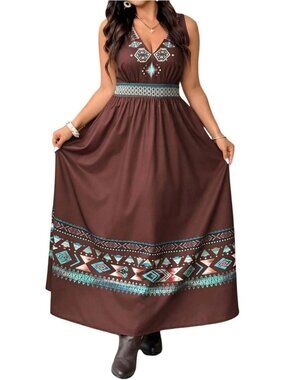 Plus Size Boho Print Maxi Dress - V Neck Sleeveless Western Flowy Style